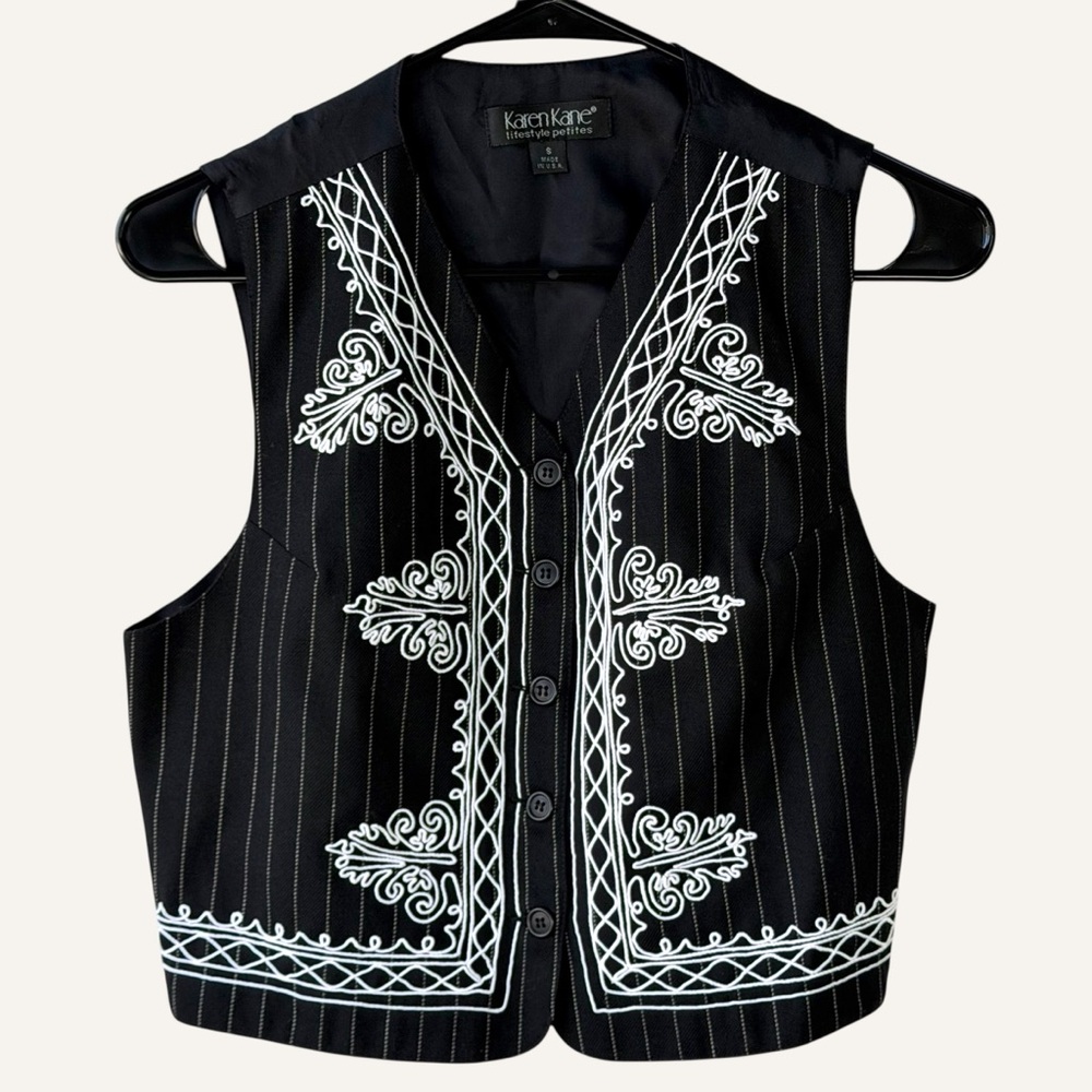 Vintage Karen Kane Pin‎ Stripe Wool Black Vest with White Embroidery Size SP
